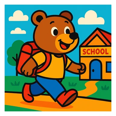 a bear walking to school, cheerful, cartoon style, vibrant colors sticker