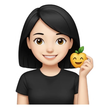 a pretty bratz fair girl with straight black hair, wearing a black tshirt, smiling sticker