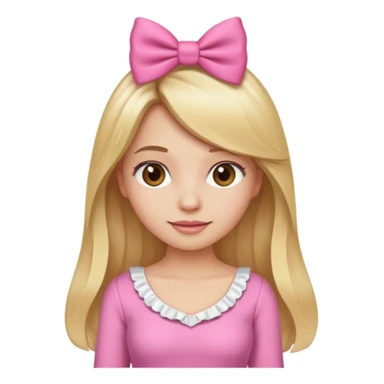 Create a custom emoji of a coquette-style girl with long blonde hair, brown eyes, fair skin, wearing a pink outfit with a cute bow in her hair. sticker