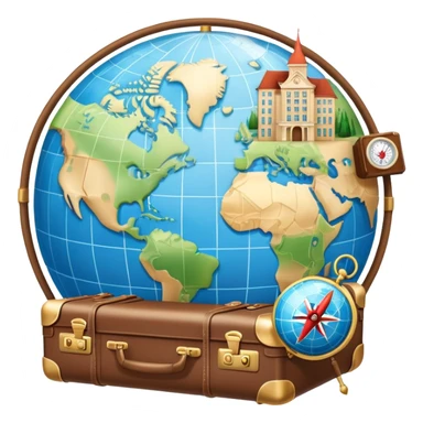 An icon featuring a suitcase, 1 globe, and a hotel building, symbolizing tourism and hospitality studies. The design includes a map and compass, representing travel research and industry analysis. Transparent background sticker