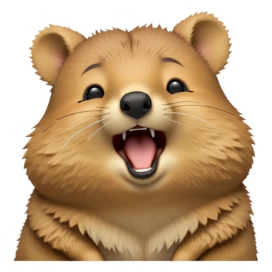 cinematic-realistic  yawning quokka-emoji,-small-round-frame, head tilted in an endearing manner, wouth wide open yawning, sleepy comical smile, fluffy cheeks, giant-fluffy-cheeks-large-smile-fluffy-brown-fur-radiating-a-warm-softness,-big-round-eyes-filled-with-joy, realistic round  fluffy zoomed in, large black eyes one paw raised in the air sticker