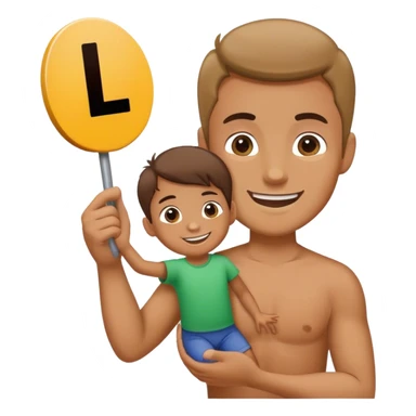 Man holding L sign at child sticker