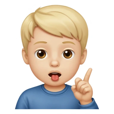 little boy pointing at his mouth sticker