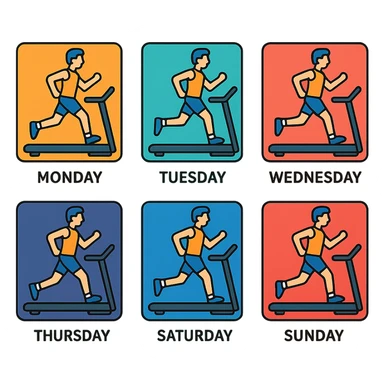 A picture is into seven parts showing a sportsman runnig on the treadmill. In each little picture there is a name of the days of the week, from monday to sunday sticker