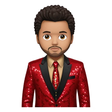 The Weeknd with dark brown hair, red sequin suit jacket, black shirt with tie sticker