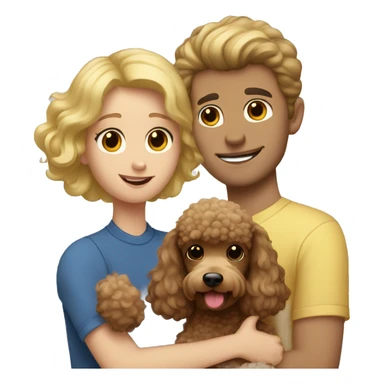 a small brown poodle hugging a blond guy and a brown-haired girl sticker