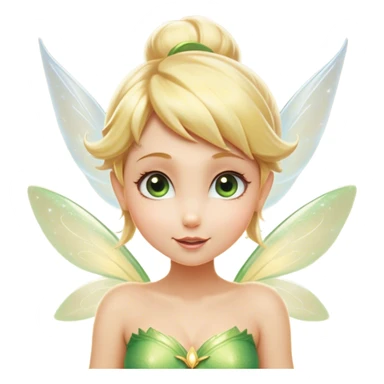 Cinematic Realistic Blonde Tinker Bell Fairy Portrait, head tilted playfully and inquisitively, showcasing a delicate pixie form with finely detailed, golden blonde hair and softly glowing, translucent wings that catch the light with a cascade of fairy dust. Her bright, curious eyes sparkle with mischief and wonder, rendered with lifelike clarity and warm, gentle lighting that captures the essence of a spirited, charming fairy ready to flutter playfully into your heart. sticker