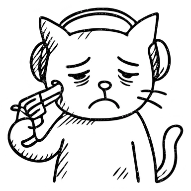 tired sad cat with headphones and gun, hand drawn outlined icon sticker