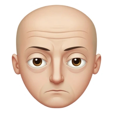 Steven Miller, bald, scowling expression, narrow rectangular head, bottom lip sticking out, eyelids almost closed and lower on the outside, dark circles around eyes sticker