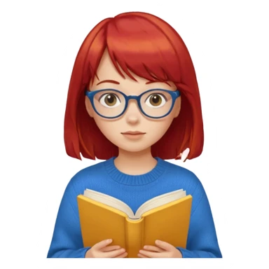 a girl with red hair and bangs with glasses wearing blue sweater reading a yellow cover book sticker