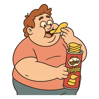 chubby character eating a stack of Pringles, fun and whimsical sticker