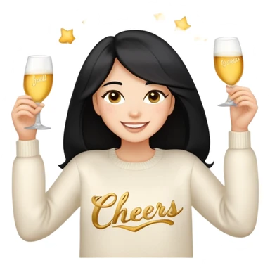 A woman with longer black hair, light to medium skin tone, full cheeks, and almond-shaped eyes, wearing a simple white sweater with the word 'cheers' in gold script, joyful and radiant expression, cheerful, emoji style, just her torso. sticker