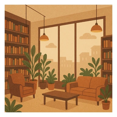 modern bookstore in urban setting, large windows, plants, comfortable seating, modern lighting sticker
