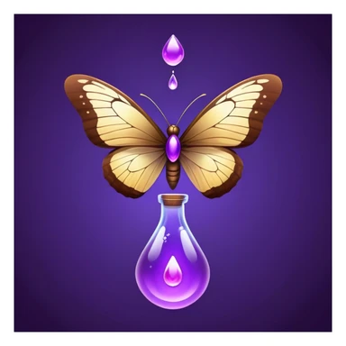 Small brown bottle floating with dim light, with a purple drop suspended in the air, slowly spinning in front of a luminous butterfly representing the thyroid sticker