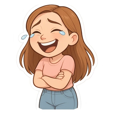 3D cartoon sticker of a 30-year-old woman with long light brown hair below shoulder blades, fair skin, large expressive blue eyes, slight bump on nose, wearing a pastel pink t-shirt and light blue mom jeans, laughing to tears expression, DreamWorks style, soft light, white sticker outline sticker