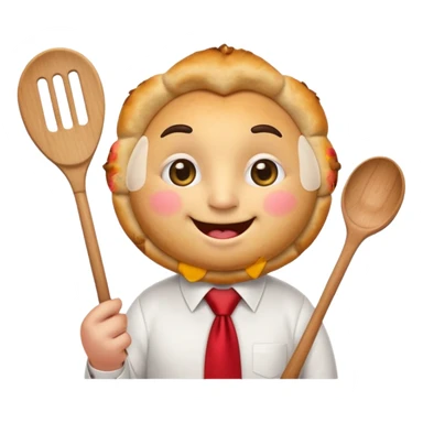 emoji style, happy fried empanada with face, big sparkling eyes, blushing cheeks, two buck teeth, red necktie, holding spatula, thick black outline, golden brown color, very cute and wholesome, transparent backgroun sticker