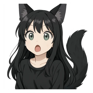 a surprised girl with huge green eyes, black fox ears, and a tail, dark hair sticker