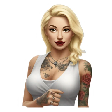 Blonde elegant women, her Body Covered with Tattoos, POINTING to YOU FORWARD with her ONE HAND , Hyper realistic sticker
