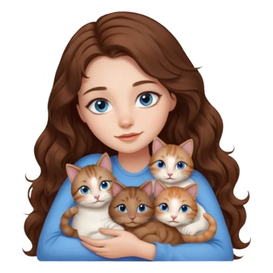 girl with long wavy brown hair, blue eyes, long lashes makeup, cuddling with 6 cats sticker