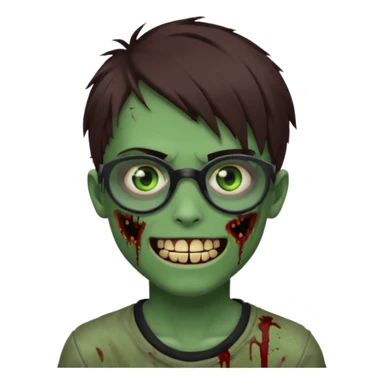 Zombie emo boy, green skin and brown hair and eyes, black glasses and a scary cut open smile, scars and blood under eyes sticker