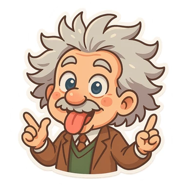 Einstein with wild hair, exaggerated silly features, zany face, cartoon style, playful and vibrant sticker