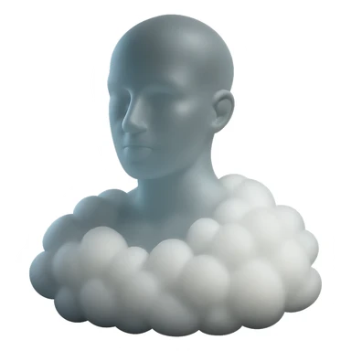 person looking straight ahead, shoulders filled with white fluffy convex clouds, matte glass style sticker