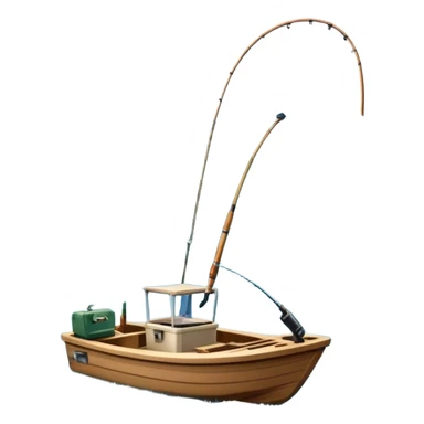 Icon for Fishing Travel: a boat on a calm lake surrounded by mountains and lush greenery, with fish jumping out of the water, a fishing rod, tackle box. The icon should capture the peaceful and adventurous nature of fishing trips. Transparent background. sticker
