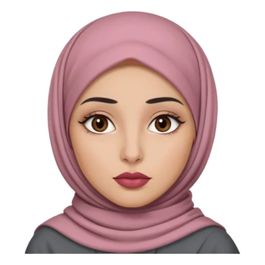 Emoji of a young woman with light-medium warm skin, slate-grey hijab, oval face, dark full brows, almond brown eyes, straight nose, full lips with matte rose lipstick. Expression: one eyebrow raised, flat mouth, skeptical like 🤨 sticker