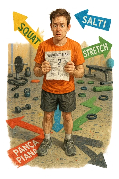 a person stands in the center of a gym, surrounded by arrows pointing in all directions, each labeled with a different exercise (e.g., “squat,” “Salti,” “stretch,” “Panca Piana”). The person looks bewildered, holding a workout plan with scribbles and question marks. The scene is colorful but visually messy, symbolizing confusion. in italiano immagine iperrealistica sticker