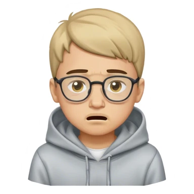 boy with glasses in hoodie and a two block haircut crying with a small mustache sticker