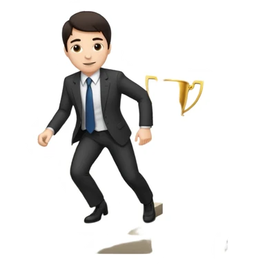 A man with fair skin and dark hair is climbing stairs to grab a trophy sticker