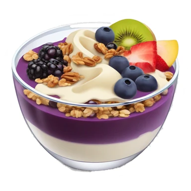 Açaí in a clear cup with layers of fruits and granola and condensed milk sticker