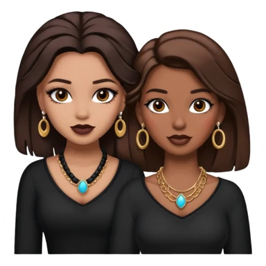 Boujy baddie best friends, trendy heavy makeup both dark hair one light skinned and one mocha brown pretty hair style both wearing black and earrings and necklace one mocha brown skin sticker