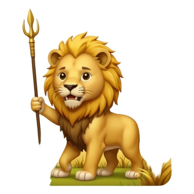 a fierce lion holding a spear in its mouth, standing in a savannah landscape, apple style emoji art sticker