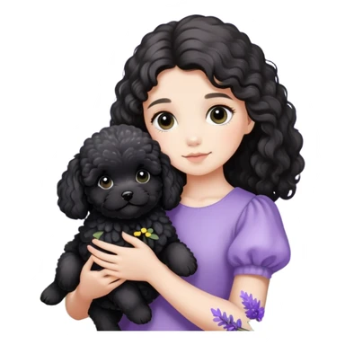 A long-haired girl holds a black maltipoo puppy in the lavender flowers sticker