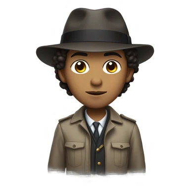 a mixed raised boy with dark brown hair wearing a detective suit and the hat looking low key sticker