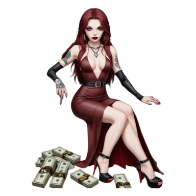 Lilith symbol red eye seductress evil long brown haired sexy succubus woman with leather long dress with slit, sitting in Big Large F350 pickup truck. Black Platform high heels on feet. Tattoo sleeve arms, seat full of stacks of cash, and a man dead human skull of her enemies and a gun in other hand sticker