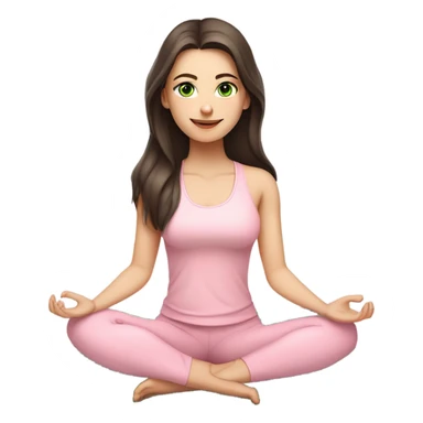 Dark brown long hair and green eyes yoga beautiful girl with pale skin in light pink pink pink clothes sitting on a yoga mat sticker