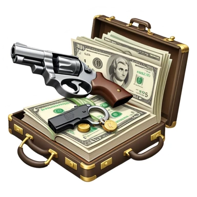 Icon for Action & Crime Reading: an open book with action-packed scenes, featuring a gun, handcuffs, a detective's badge and a briefcase with money. The icon should capture the tension and excitement of crime and action stories. Transparent background. sticker