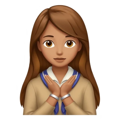 women with brown long hair with her hands around her neck. sticker