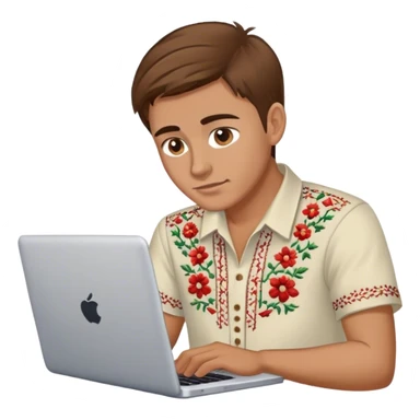 A Ukrainian guy with brown hair in an embroidered shirt works at his laptop sticker