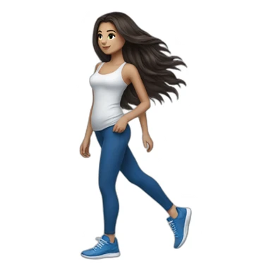 Short brunette, leggings, blue walking shoes, long hair, tattoo sticker