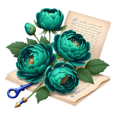 A charming arrangement of deep green peonies placed beside an old blue love letter with an intricate navy blue wax seal. sticker