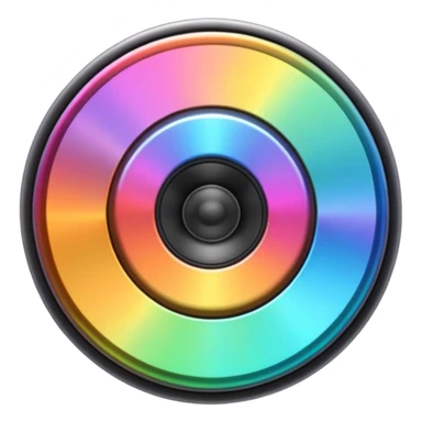 A speaker emoji 🔊 with a smooth CD-like surface that reflects iridescent colors shiny plastic body, prismatic reflections shifting across the front, soft sparkles and light gleams, holographic sheen, clean simple shape, bright colorful highlights sticker