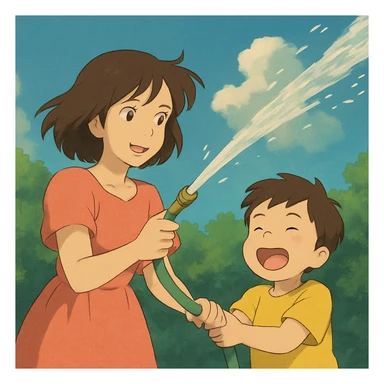 people spraying water on the left side in ghibli style sticker