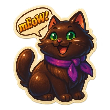 Fluffy cute silly smiling happy dark-brown cat with green eyes and a purple scarf saying ‘mEoW~!’ (With a speech bubble) sticker