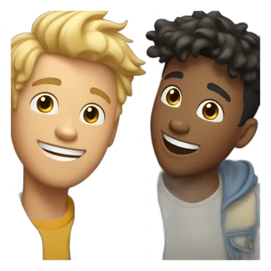 Gay couple, 1 guy Latino black straight hair and 1 Australian guy with blonde slightly curly hair laughing full body and a cat in the middle sticker