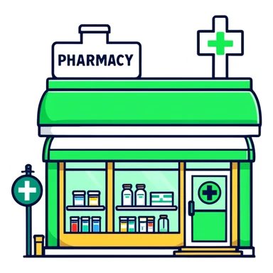Pharmacy storefront, green cross sign sticker