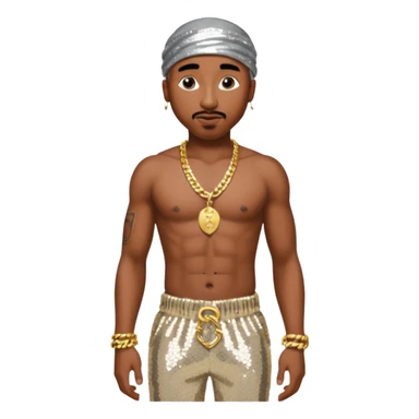 Tupac with silver sequin harem pants, shirtless with necklace sticker