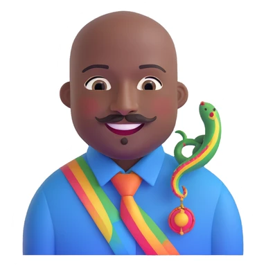 Oxumarê as a very happy and spontaneous smiling 37-year-old bald man with very dark skin, smooth oval head, indigenous facial features, mustache with circular beard only on chin (no hair on sides), a round mole on the right side below the lip, wearing a blue striped dress shirt, and a rainbow serpent, Memoji style sticker